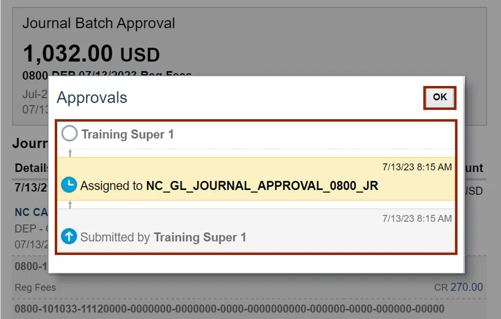Approvals pop-up