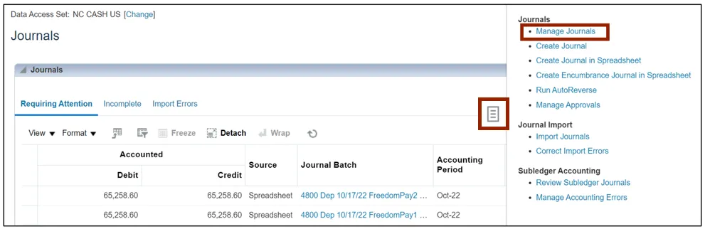 Manage Journals page