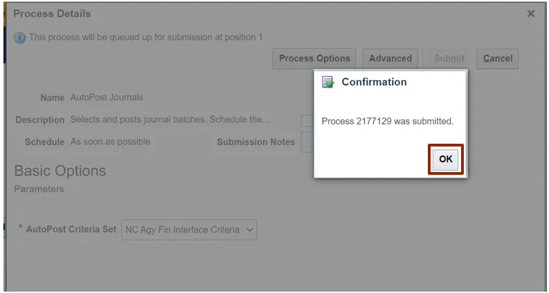 Confirmation pop-up