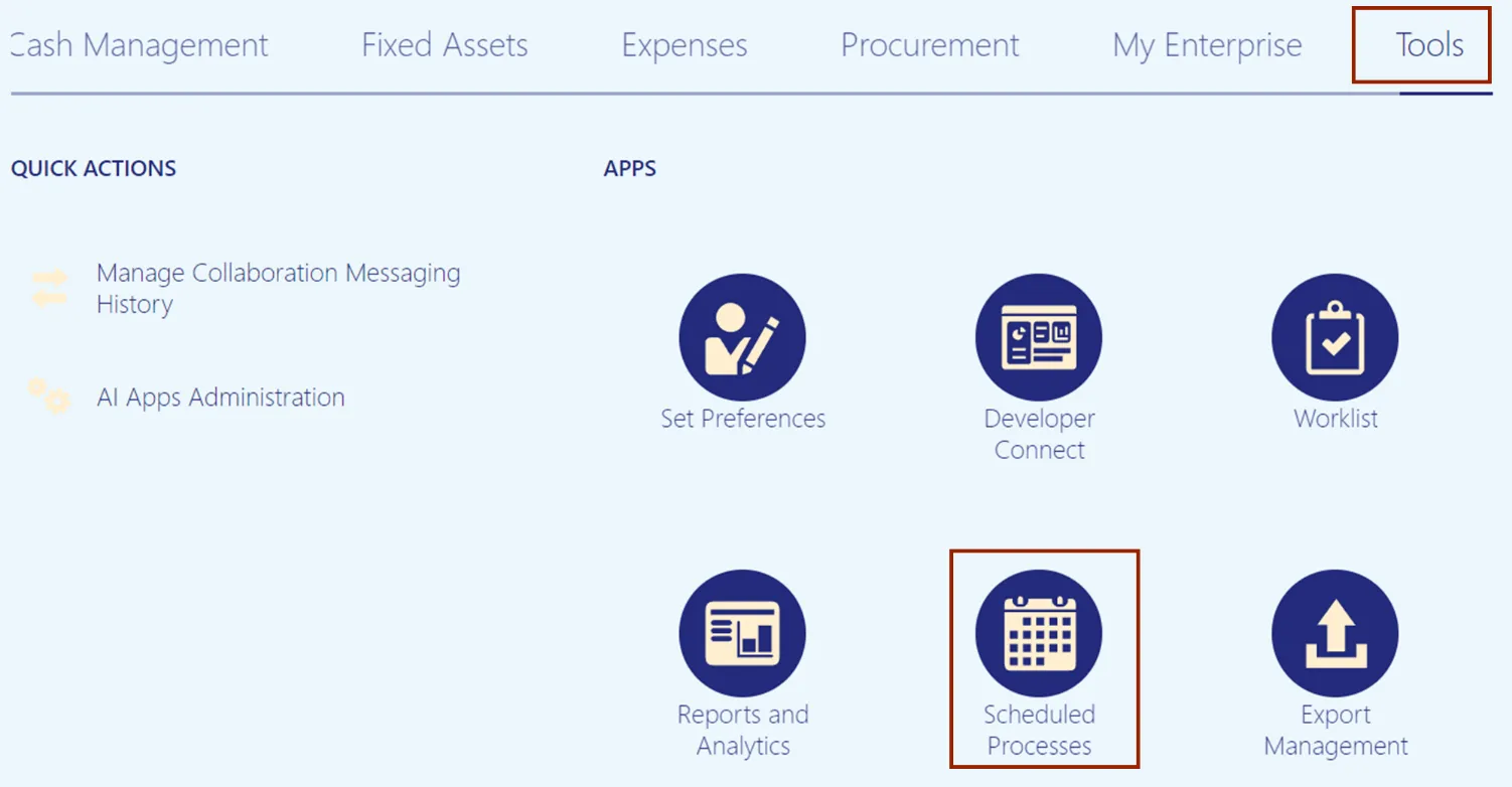 Tools tab and Scheduled Processes app on the Home page