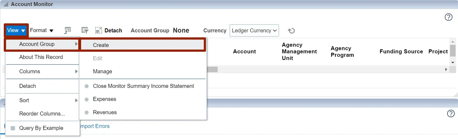 Select the Account Group and Create option in View menu drop-down