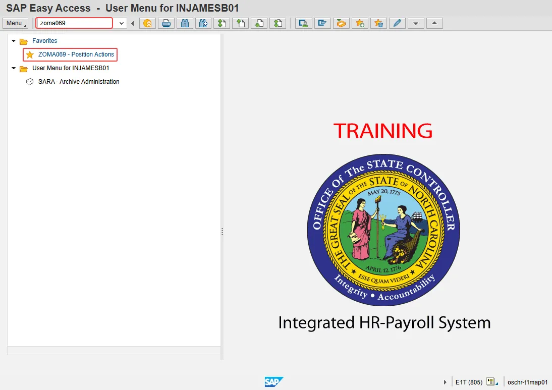 SAP Easy Access screen showing the user menu for Workflow Initiator. The screen has a North Carolina State Controller seal, labeled "TRAINING," with "Integrated HR-Payroll System" below it. The transaction code field in the top-left corner is highlighted in red and has 'zoma069' typed in. The zoma069 favorites entry is circled in red as well.