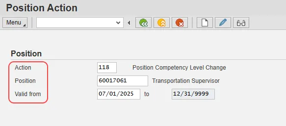 SAP screen titled “Position Action” with action code 118 entered for position 60017061, labeled as “Transportation Supervisor.” The validity period is shown as from 03/26/2021 to 12/31/9999. The labels for the Action, Position and Valid from fields are highlighted with a red circle.