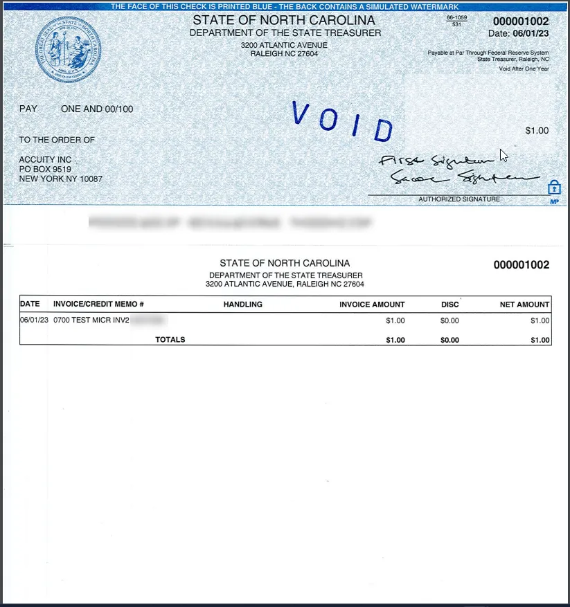 This is a sample check issued by the State of North Carolina.